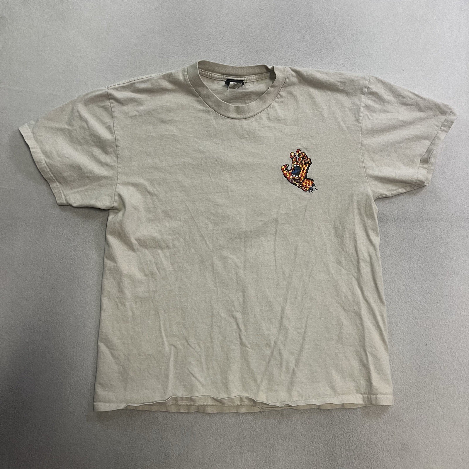 VTG Santa Cruz Skateboards Shirt Men’s Large Beige Screaming Hand Plaid Logo gallery