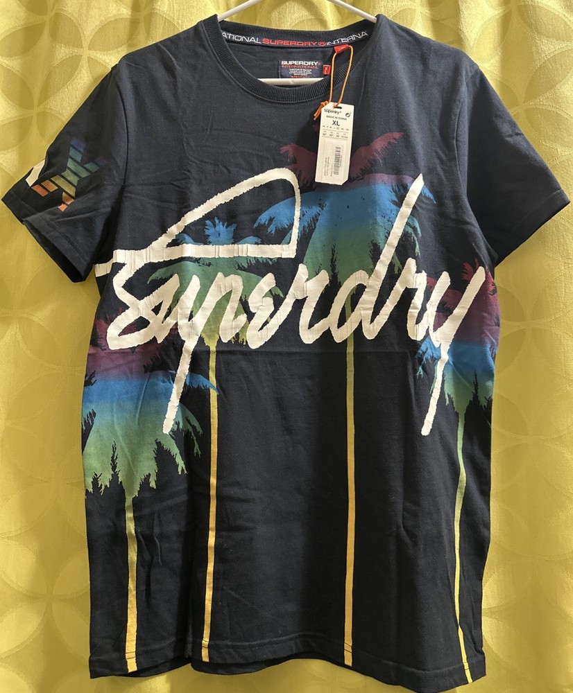 XL 2017 SUPERDRY LAX PALM Eclipse Blue 100% Cotton T-Shirt w/ Rainbow Colors NWT