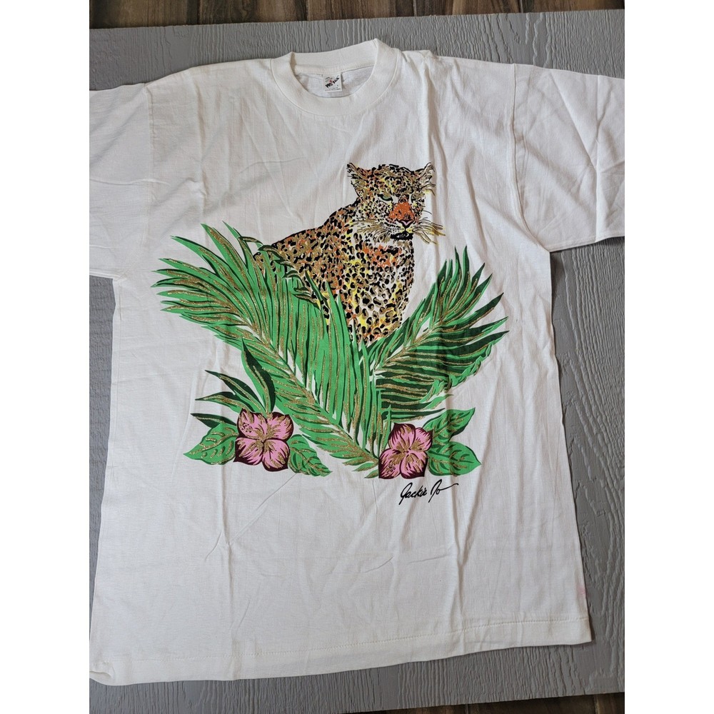Vintage Pro Ace Leopard Cheetah Tropical Palm Leaves Graphic T-Shirt White L