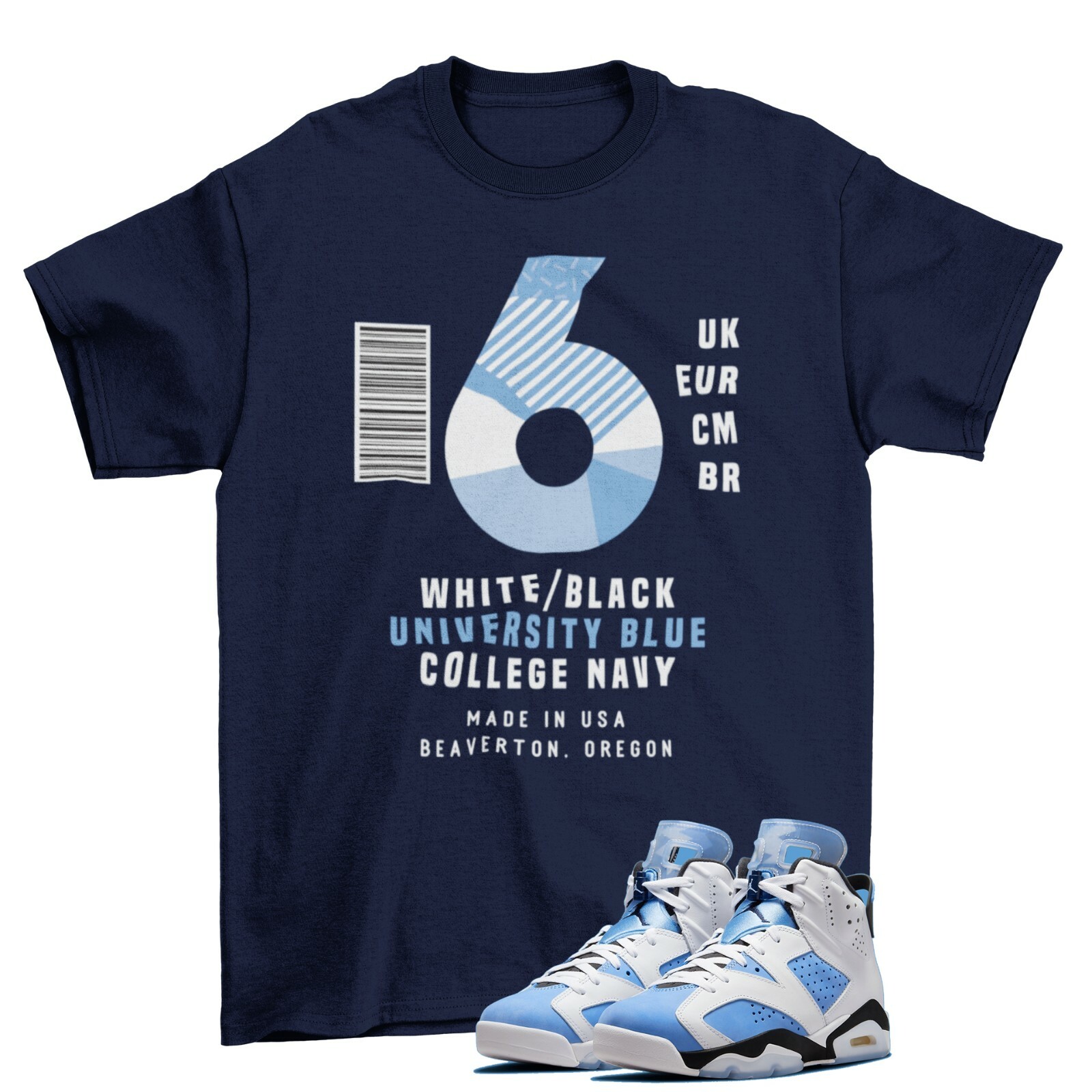 Box Label Shirt Blue to Match Jordan 6 Retro University Blue UNC / CT8529-410