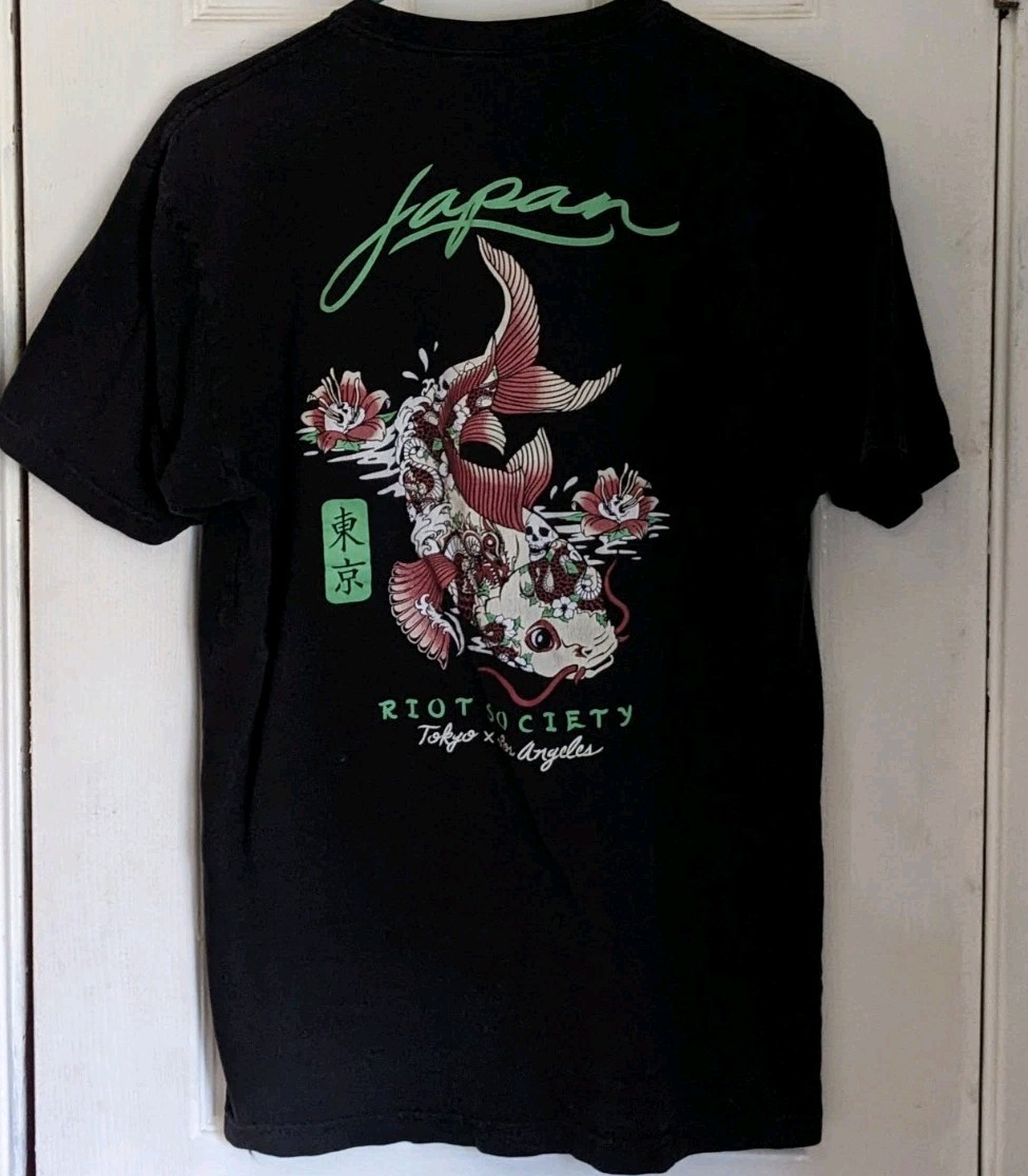 RIOT SOCIETY Tokyo Los Angeles koi fish Cotton Men's t-shirt tee Size L Black gallery