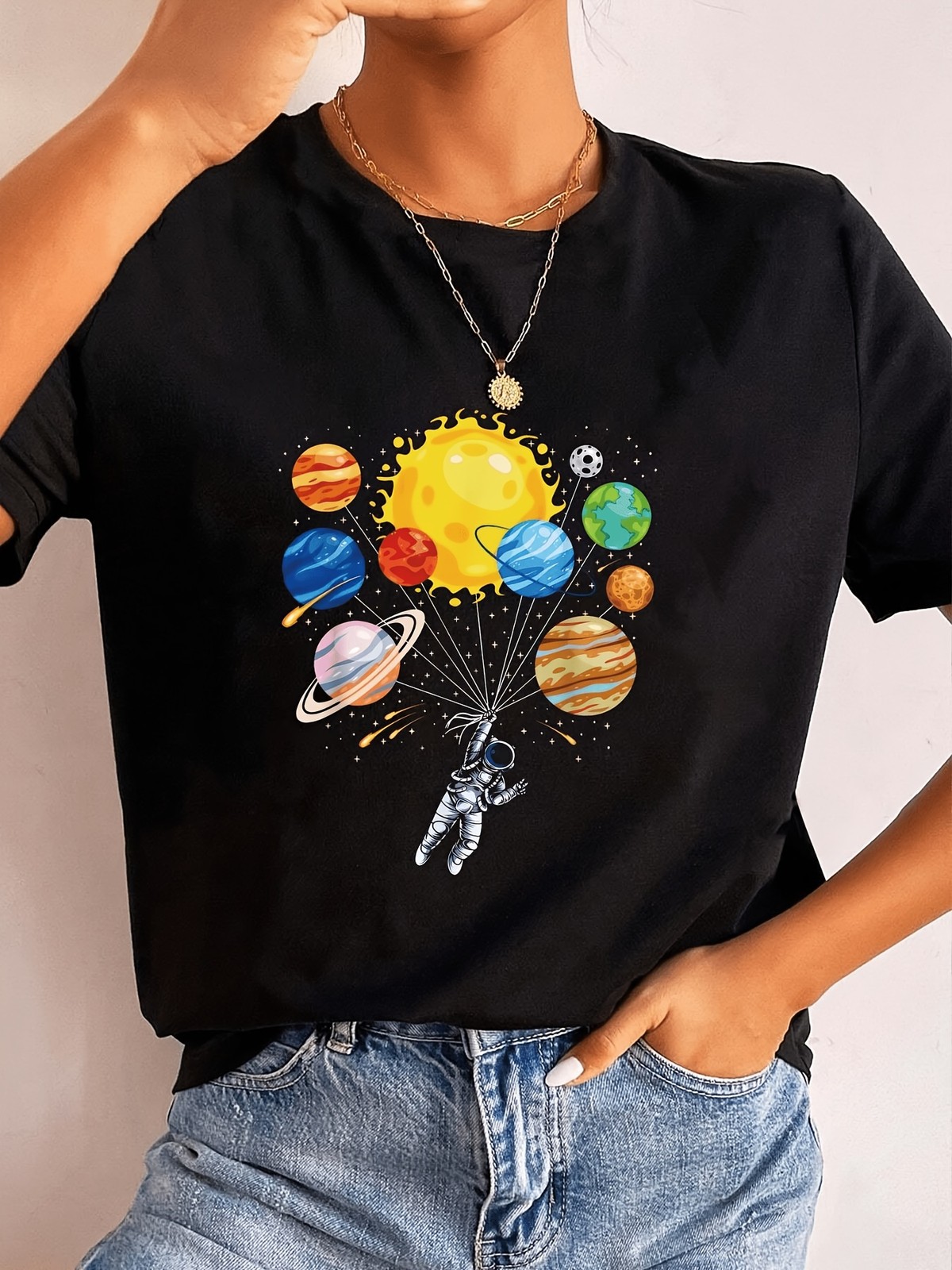 Funny Astronaut Space Balloon Planet Science Solar System T-Shirt Print gallery