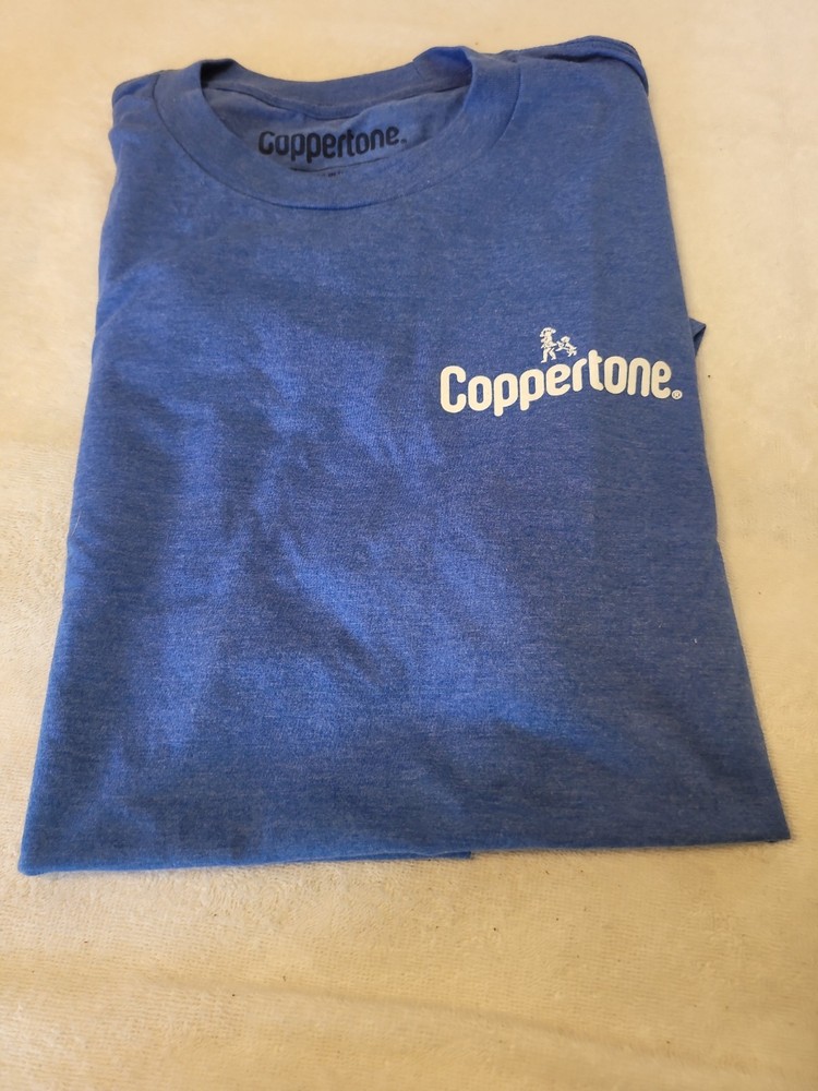 Coppertone Tshirt, Large,Iconic Logo,Blue/Yellow Beach Graphic,Cotton NNT,Unworn