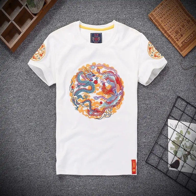 Men Dragon Phoenix Embroidered T-Shirt Chinese Style Short Sleeve Casual Top gallery