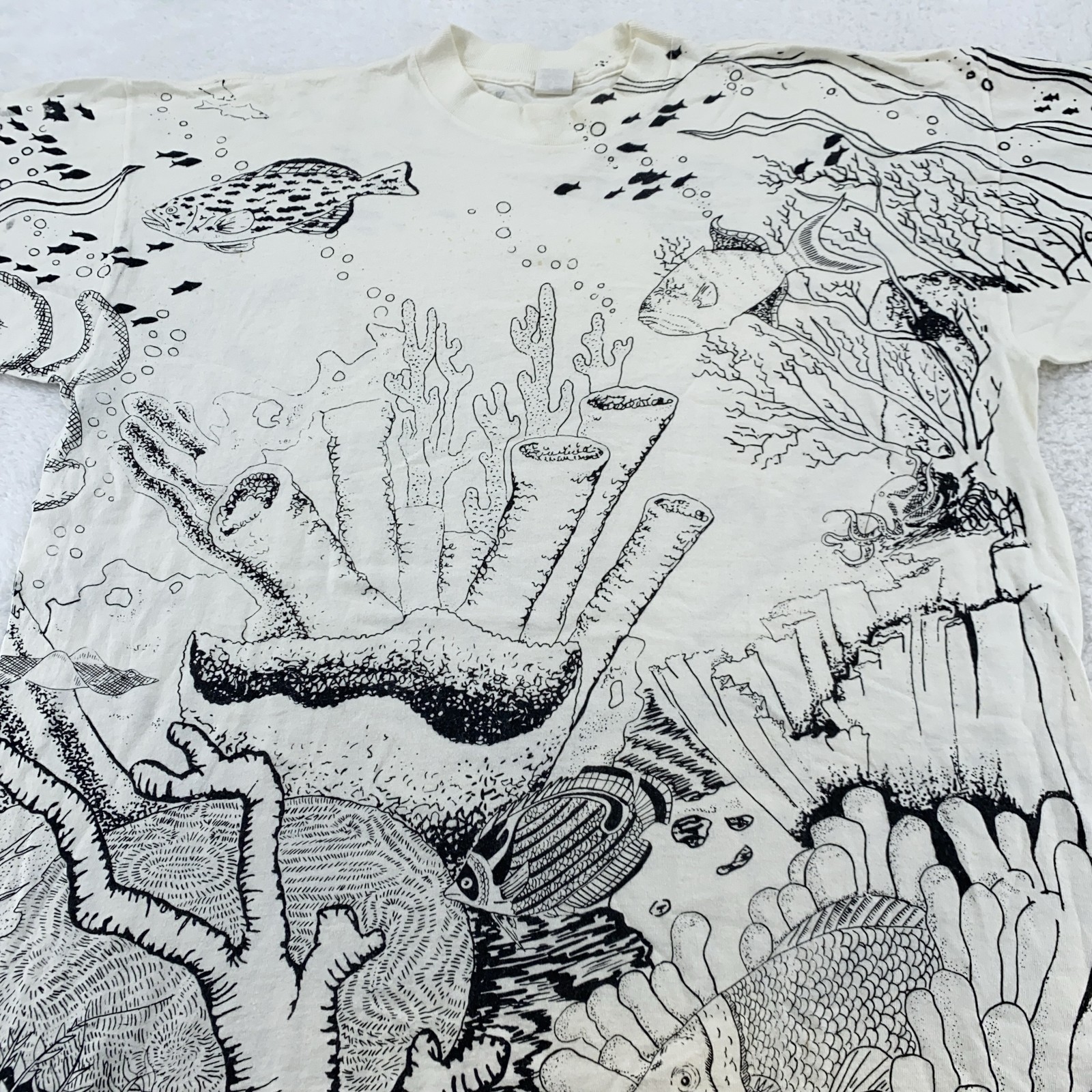 Vtg Ocean Reef All Over Print T-Shirt XL White Fish Coral Sea Life Art 90s