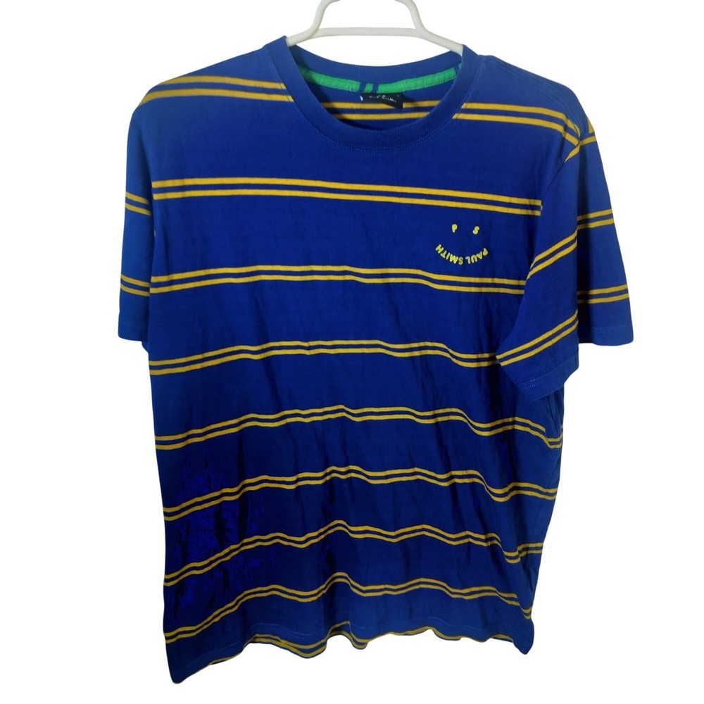 PS Paul Smith Mens Striped Smiley Face Logo T-Shirt Blue Yellow Large