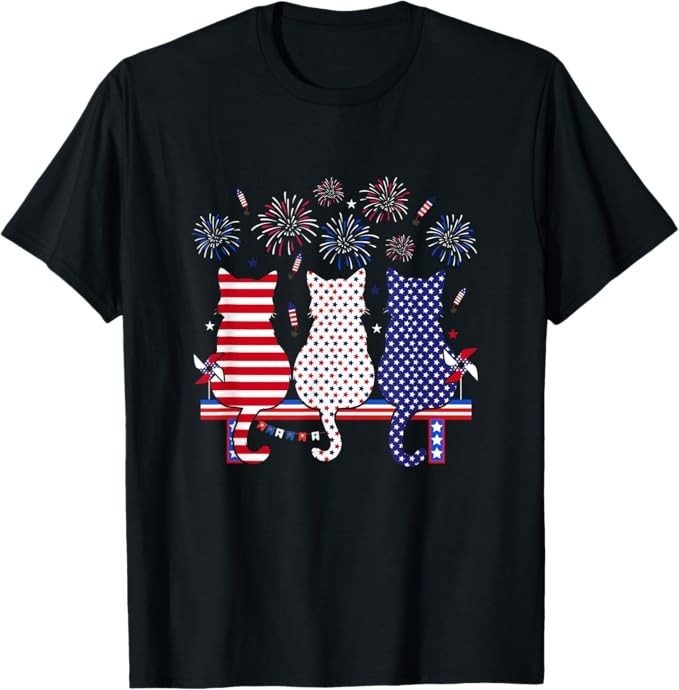 Red Blue White Three Cute Cats 4th of July US Flag Lover T-Shirt gallery