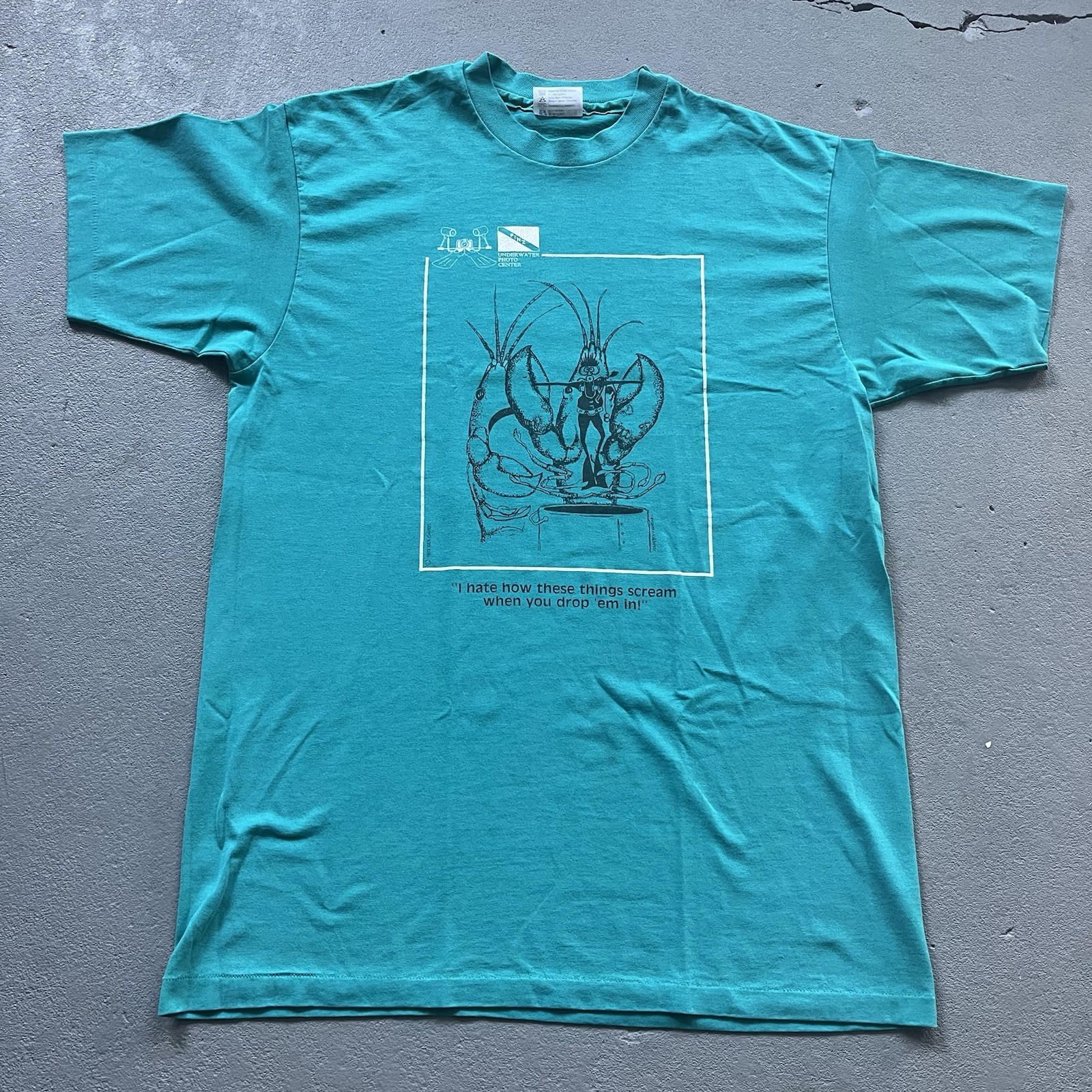 1989 Diver Lobster Funny Graphic T-Shirt Aqua Blue Scuba Diving Ocean Size Large
