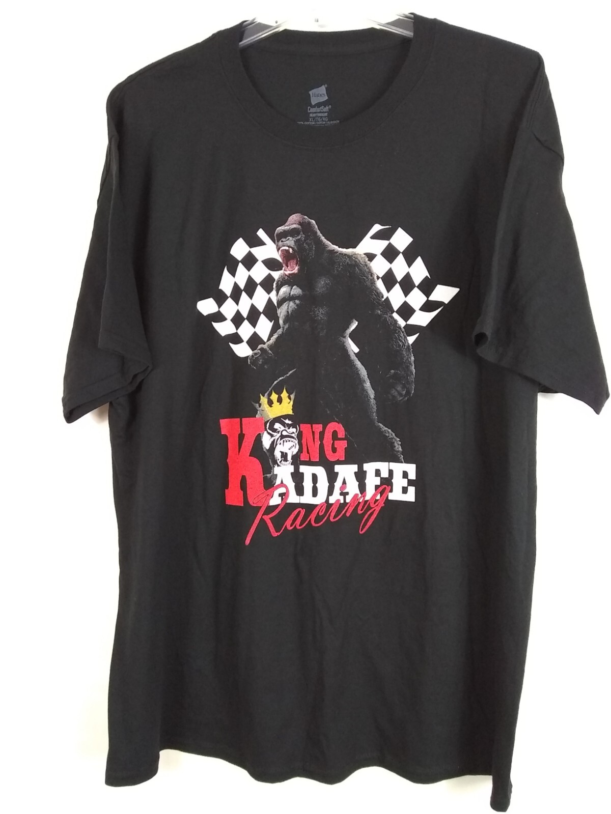 Hanes T-Shirt Men’s XL King Kadafe Racing Crown/Flag Soft Heavy Black Cotton EUC