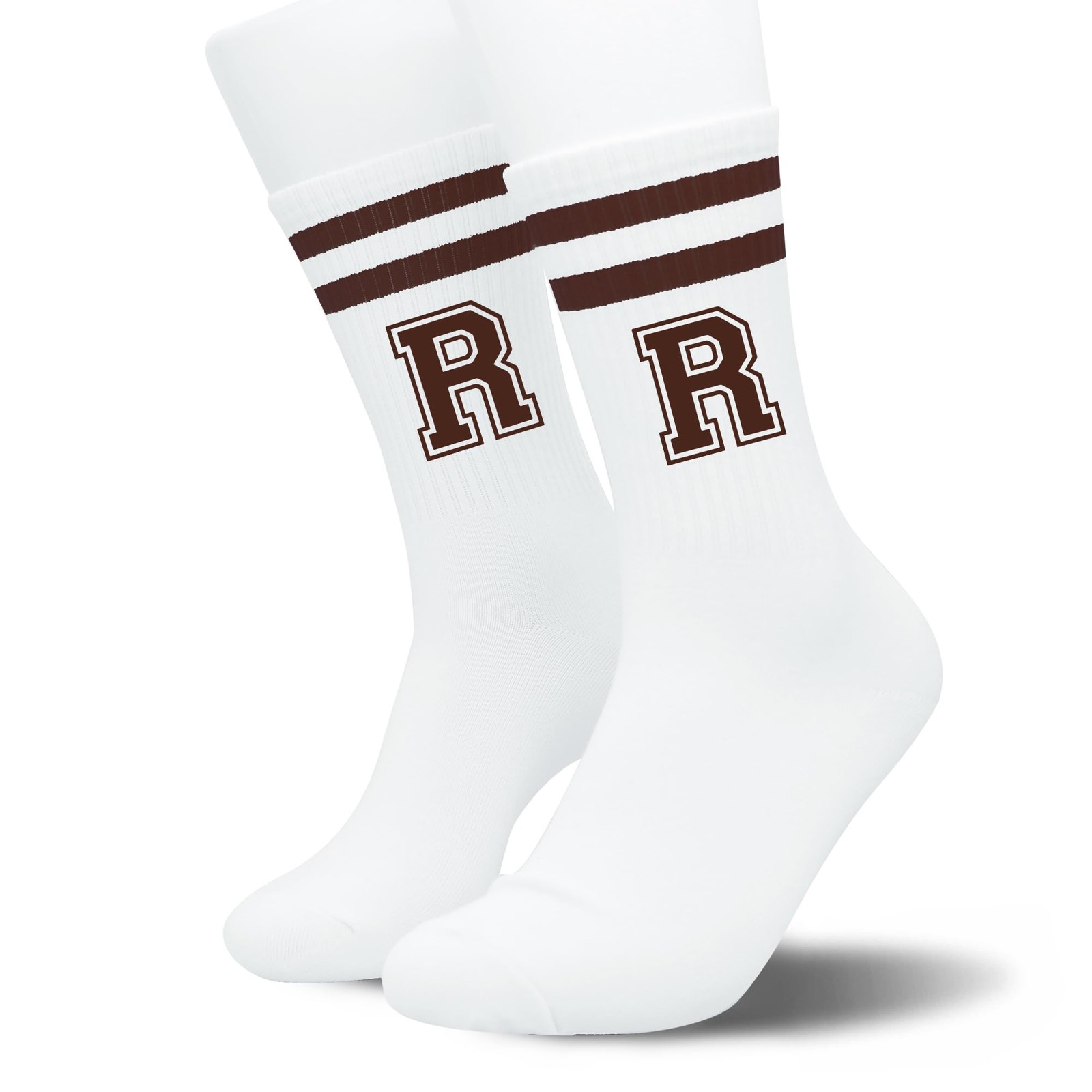 Brown Initial Stripes Socks with Letter R, Retro Athletic Style Socks, Person... gallery