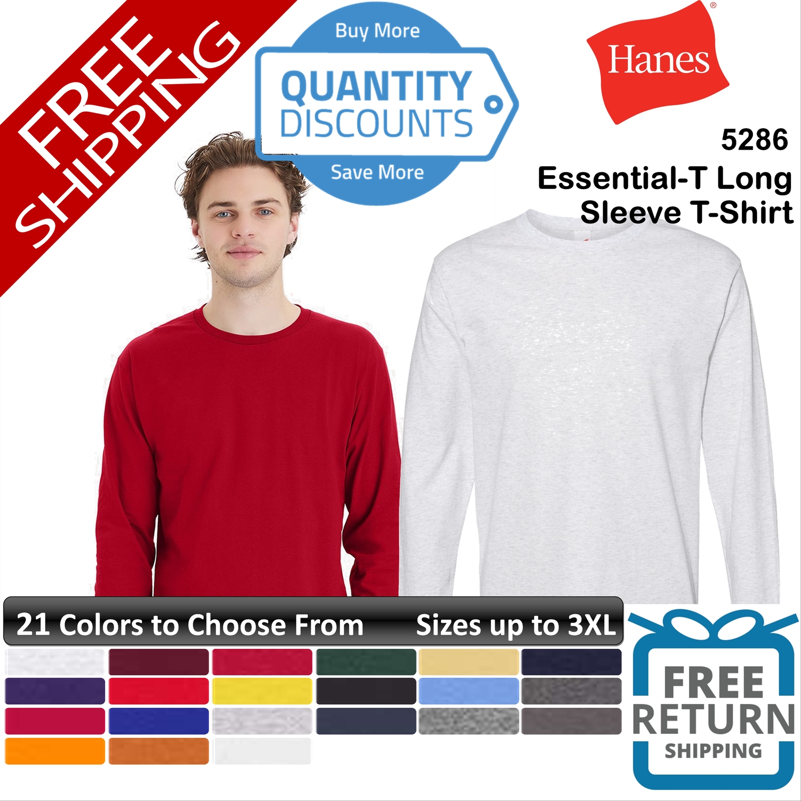 🔥 Hanes Men Essential-t Cotton & Blends Long Sleeve T-shirt Up To 3XL 5286 gallery