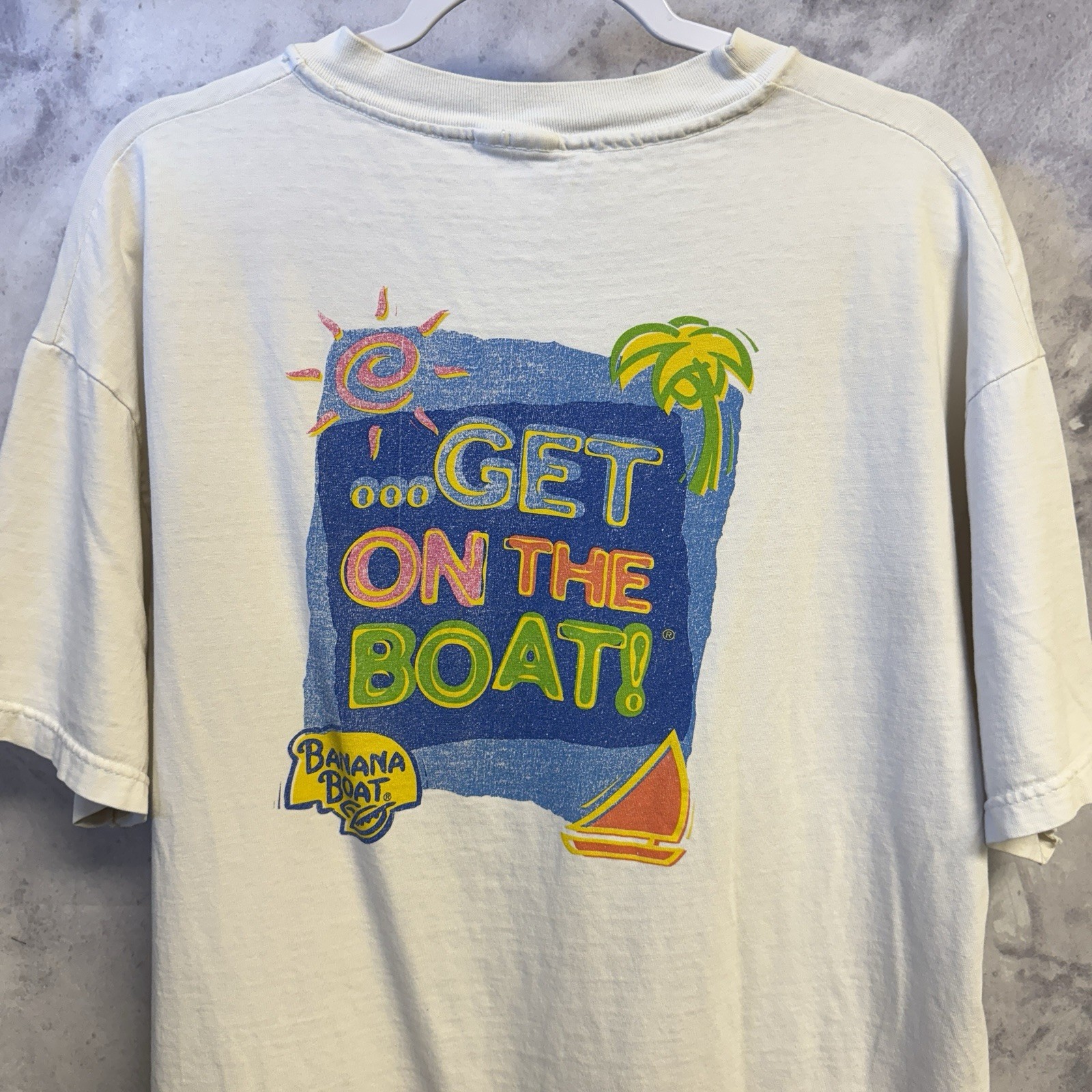 Vintage Banana Boat Sun Screen T Shirt Mens XL 23×27 White Summer Beach