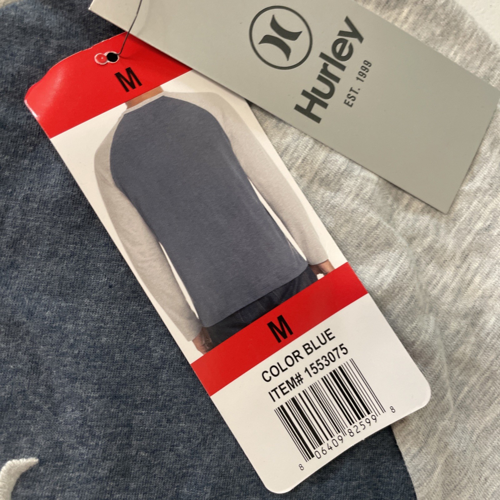 HURLEY Men's Raglan Tee Shirt Colorblock Long Sleeve Pullover BLUE/GRAY MEDIUM gallery