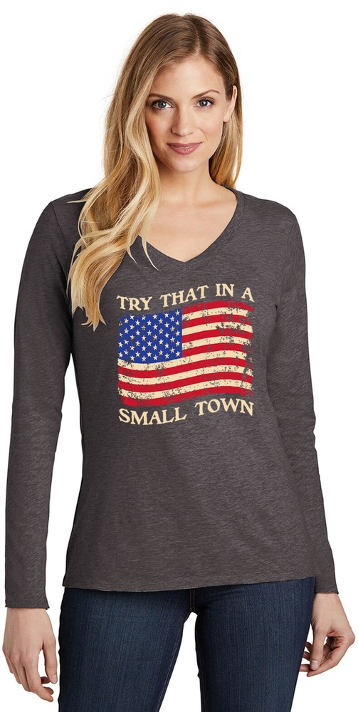 Small Town Distressed US Flag Womens V-neck Long Sleeve Shirt