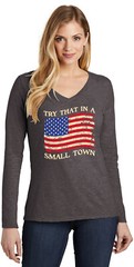 Small Town Distressed US Flag Womens V-neck Long Sleeve Shirt