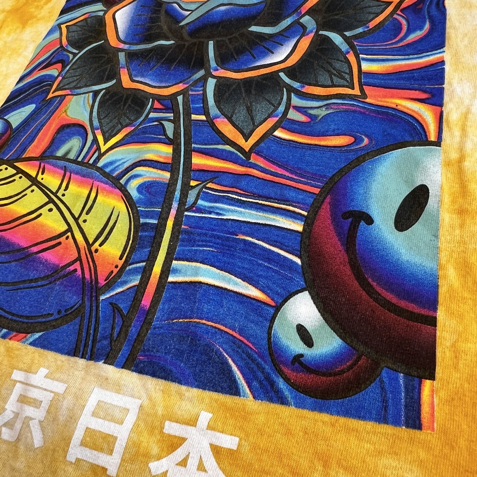 DRIP T-Shirt Men’s LARGE Yellow Tie Dye Rose Smiley Face Psychedelic Tokyo Japan gallery