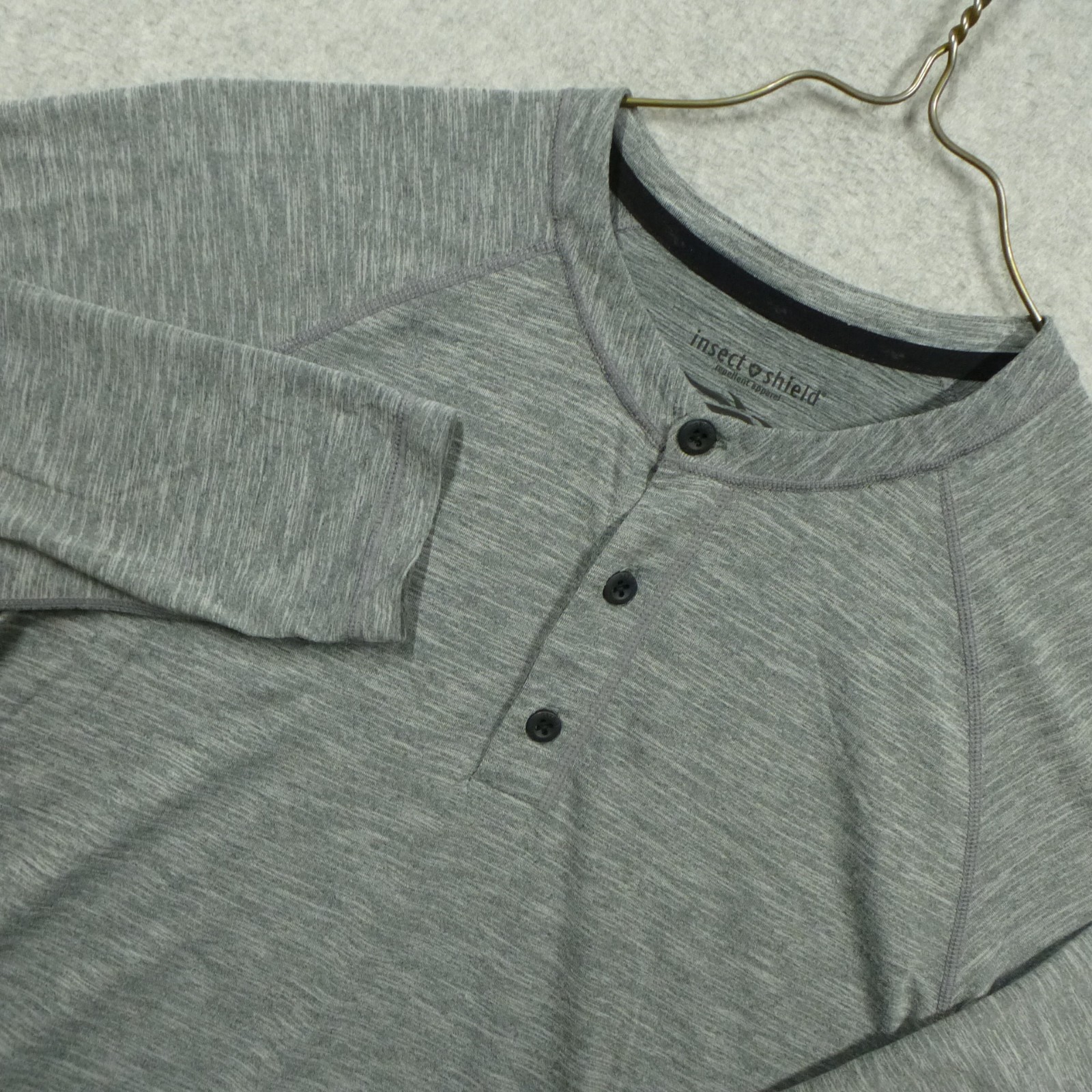 Sitka Henley Shirt Men Small Gray Heather Insect Shield Hanger UPF 30 Base Layer