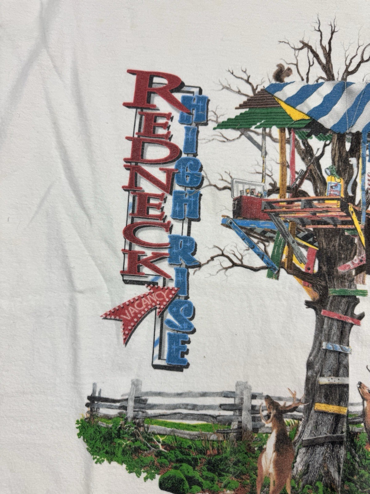 Vintage 90s Redneck High Rise Treehouse T Shirt Funny Deer Hunt Size Large White gallery