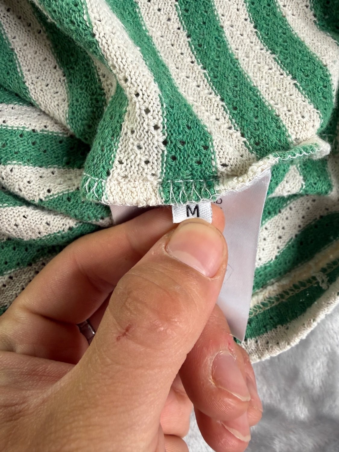 Moncler Striped Pointelle Knit T-Shirt Green White Terry Logo Patch Men's Size M gallery