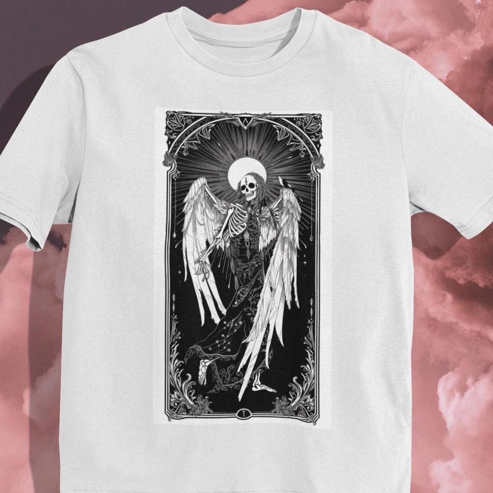 #26 Gothic Skeletal Angel T-Shirt – Black-and-White Ethereal Winged Skeleton Des