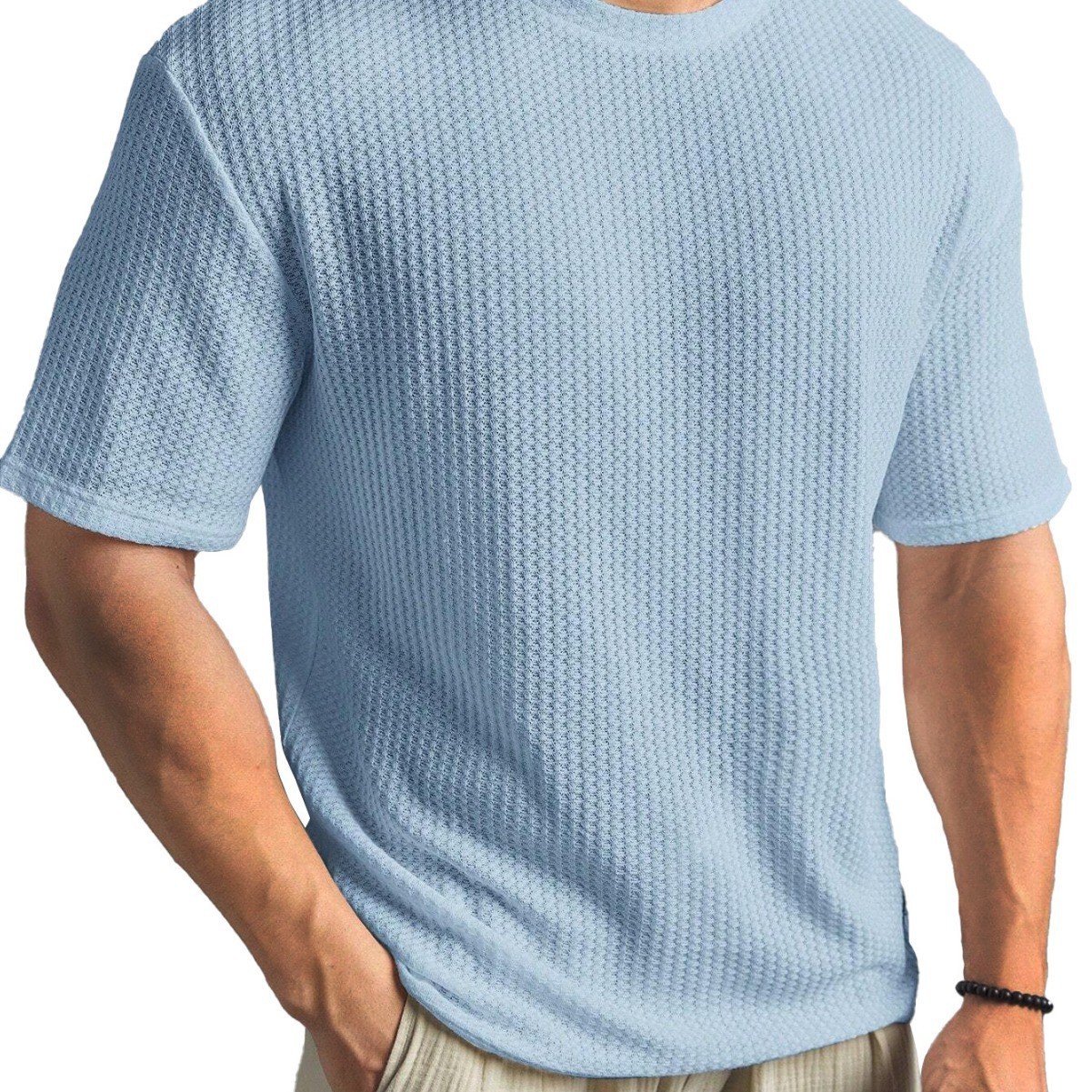 Mens Summer T Shirt Casual Ribbed Crew Neck Short Sleeve Solid Color Tee Top gallery