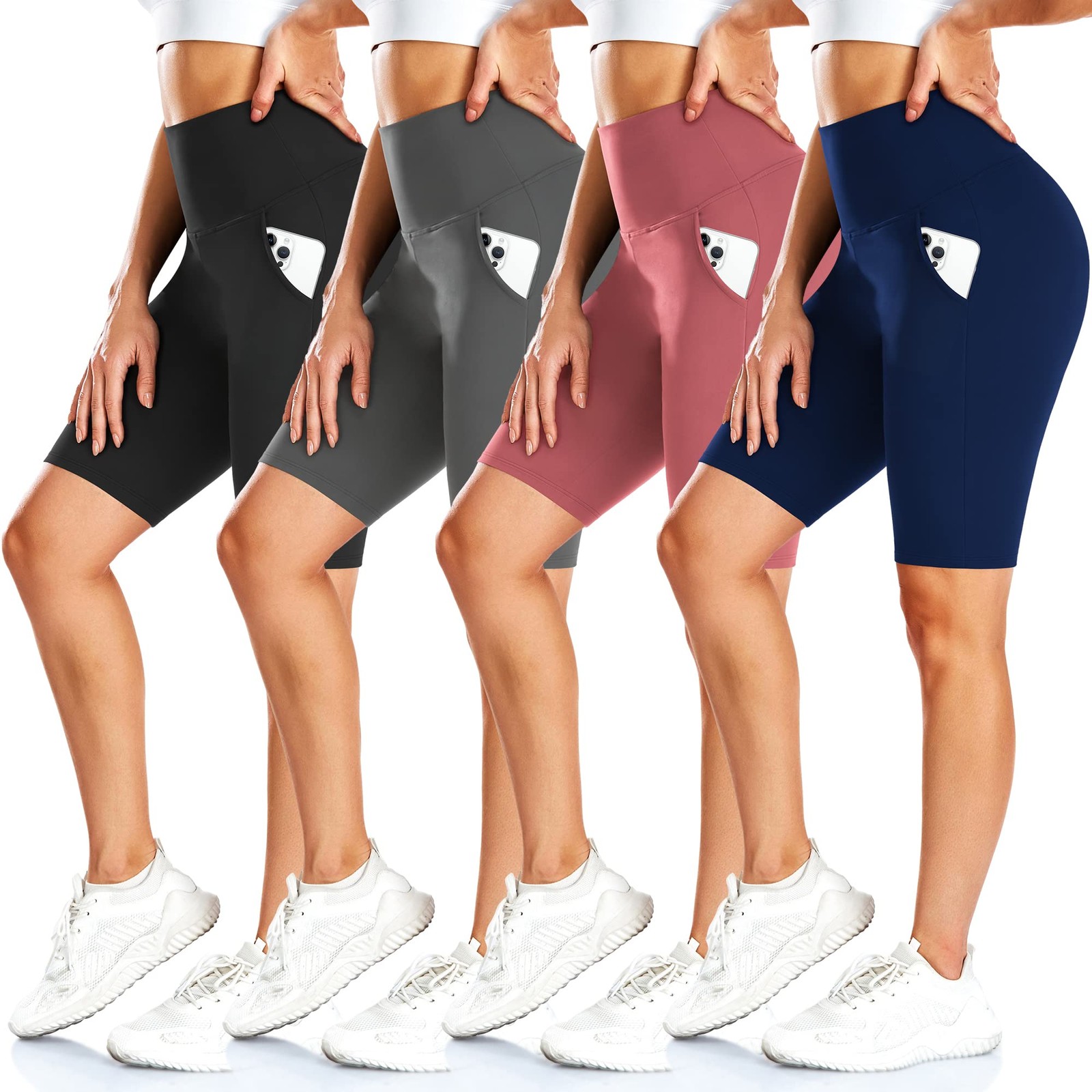4 Pack Biker Shorts for Women – 8″ High Waist Tummy Control Workout Yoga Runn…