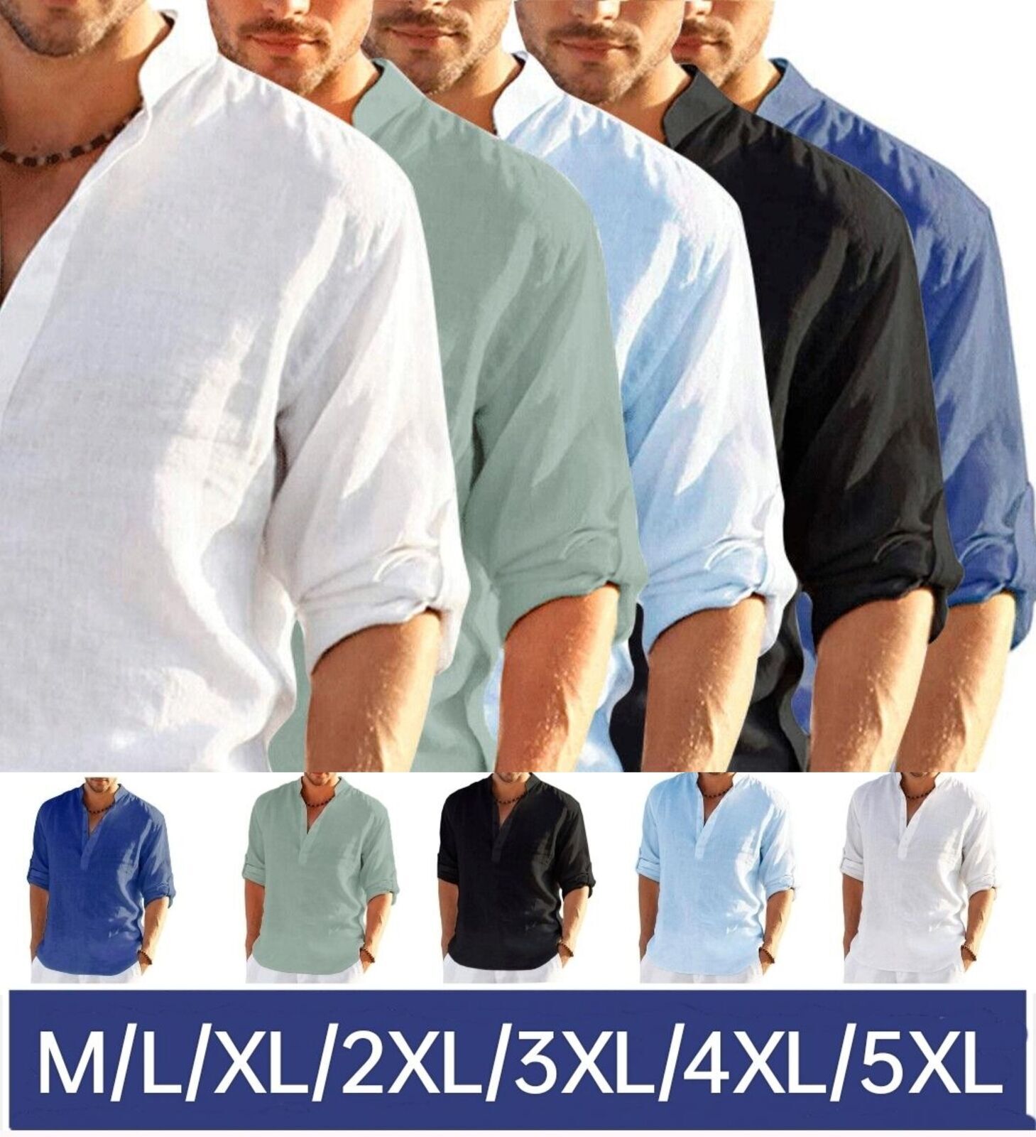 Mens Cotton Linen Long Sleeve Shirt Solid Loose Blouse Button Down Tops T Shirt gallery