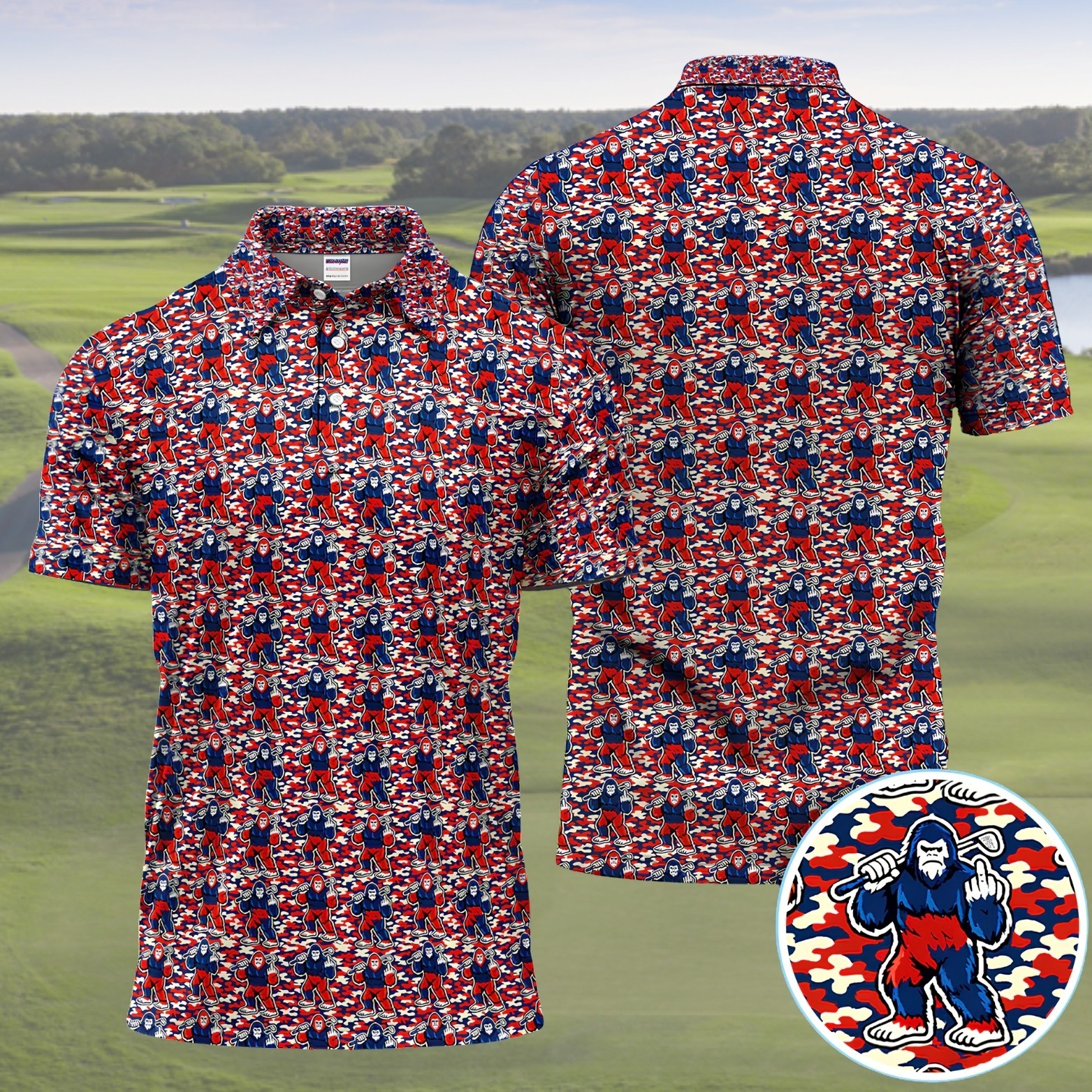 Patriotic Bigfoot Golf Shirt, Red White Blue Camo Sasquatch Polo Top (S-5XL) gallery