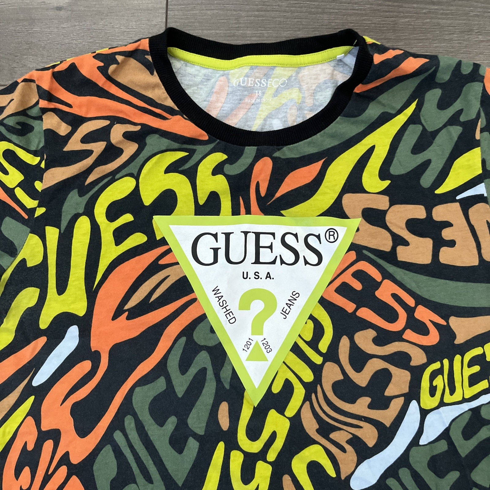 GUESS ECO USA Mens Sz 18 Orange Yellow Green Brown Camo All Over gallery