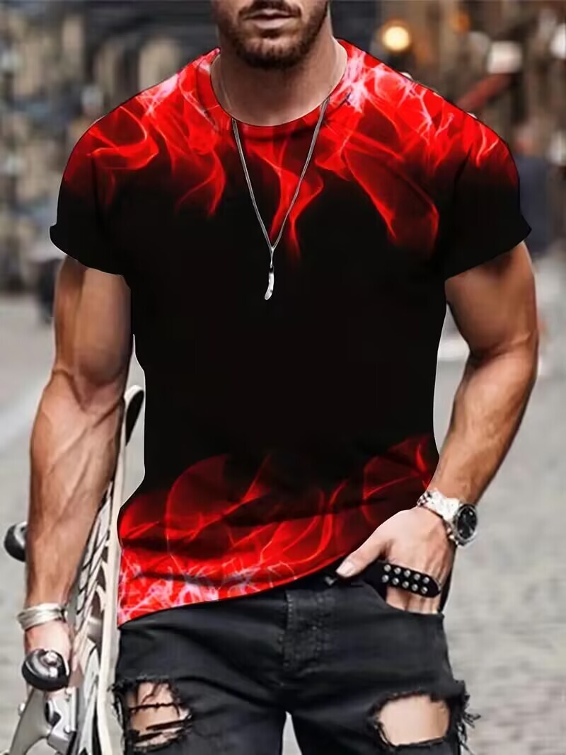 T Shirts Men Fashion Graphic Short Sleeve Black Red Flame Smoke Streetwear Silky gallery