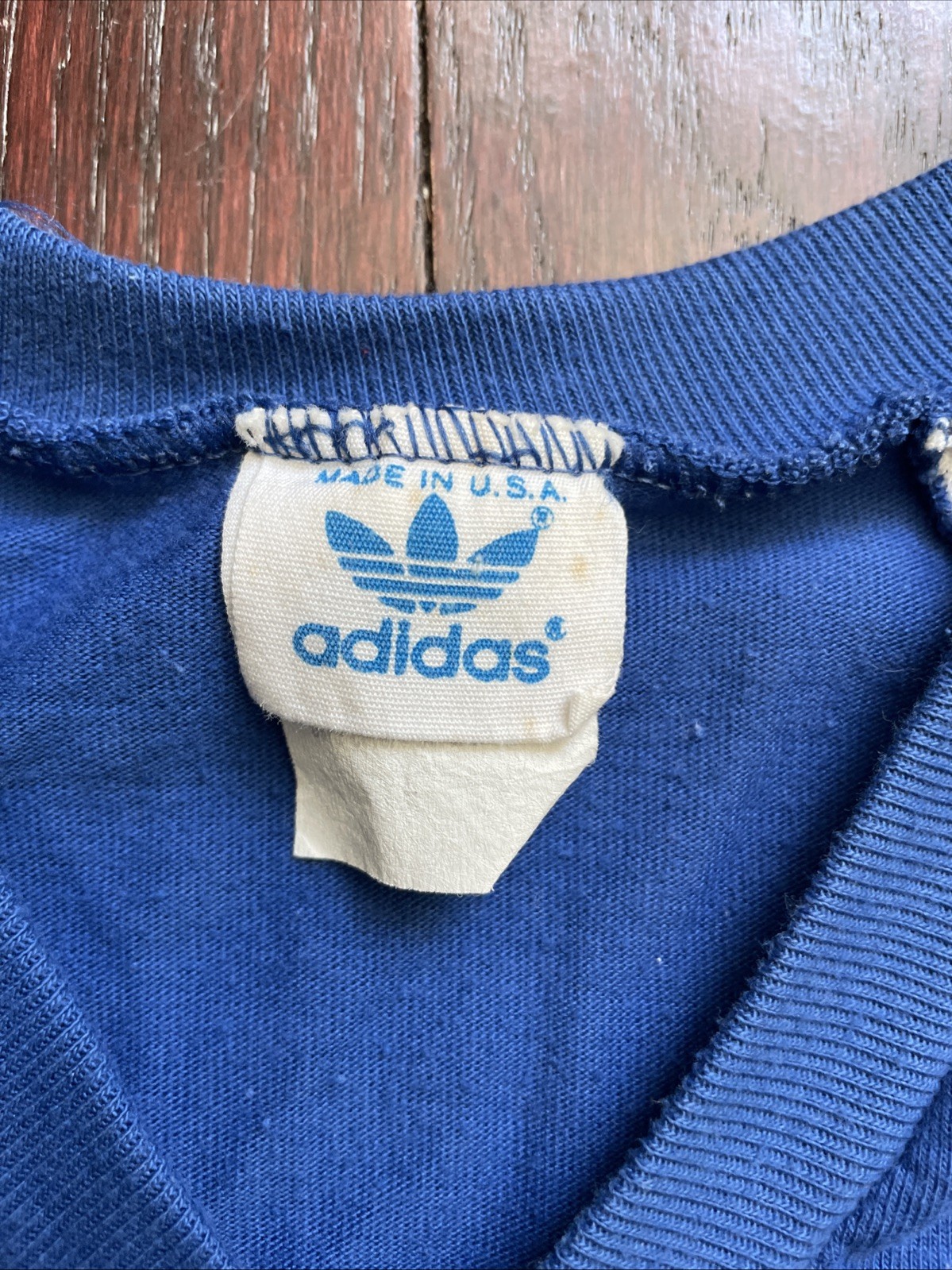 80s Vtg Adidas Trefoil USA MADE V-Neck LONG jersey Tee shirt blue white size M gallery
