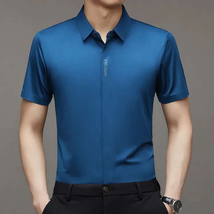Cooling Ice Silk Men’s Casual Shirt Thin Short Sleeve Business Casual Pure Color