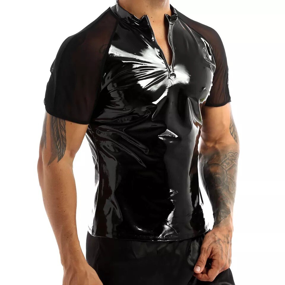 Men's Wet Look PVC Leather Round Neck T-Shirt Short Sleeve Front Zipper Clubwear gallery