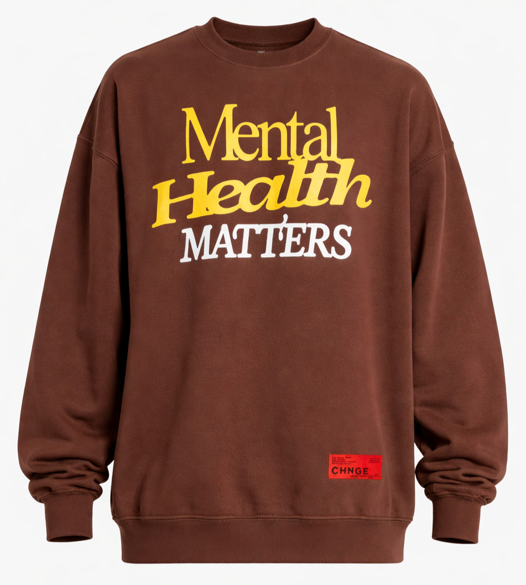 CHNGE Men’s Mental Health Matters Crew Neck Cuff Long Sleeve T-Shirt Brown, XS