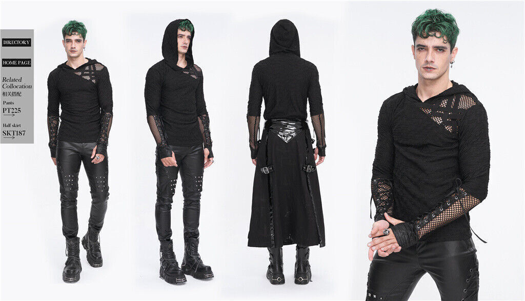 Devil Fashion Men Black Gothic Punk Mesh Splicing Casual Hooded T-Shirt Slim Top