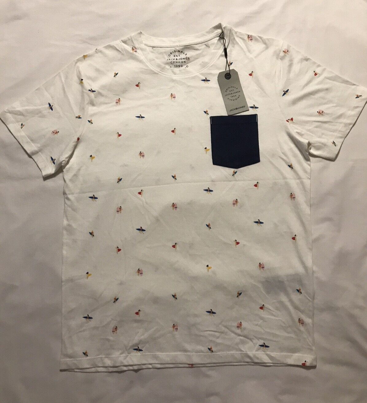 Jack & Jones Shirt Mens Large White Jorvacations Cloud Dancer Graphic Print