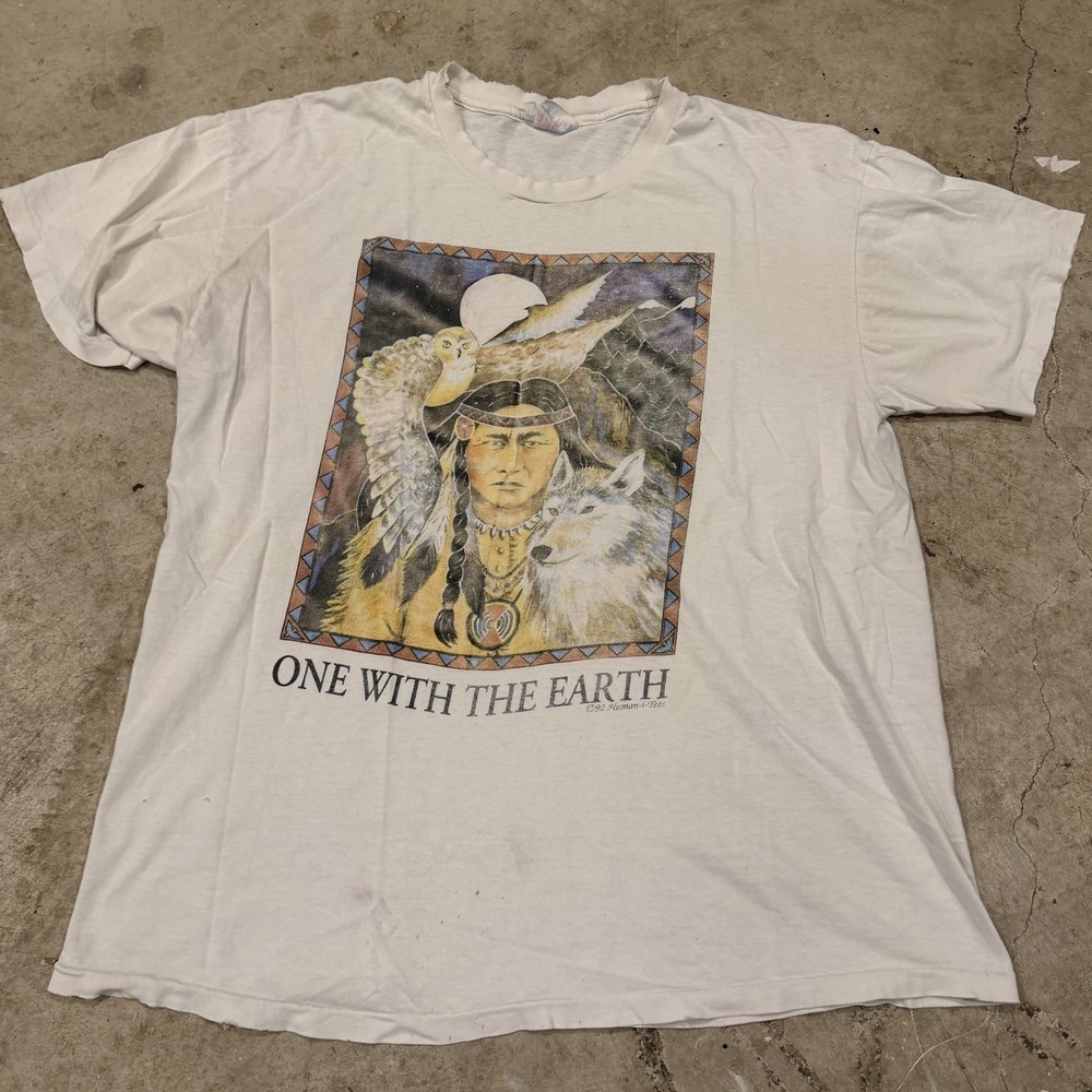 Vintage 90s Human-I-tees Native American T Shirt XL Single Stitch 1992 Nature
