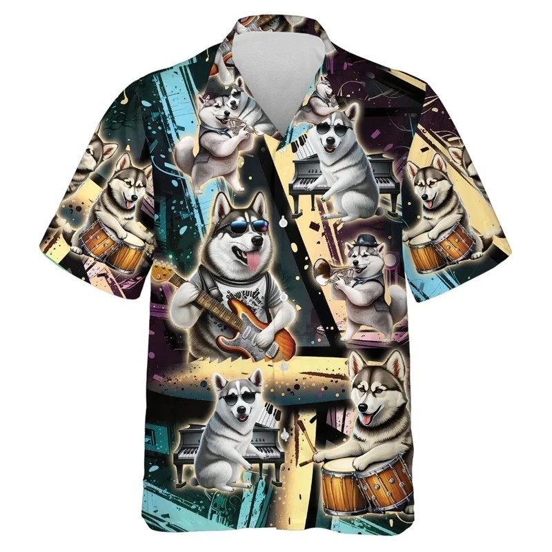Mens Button Down Shirts Funny Dogs Music Printed Hawaiian Tops Novelty Ugly Gift