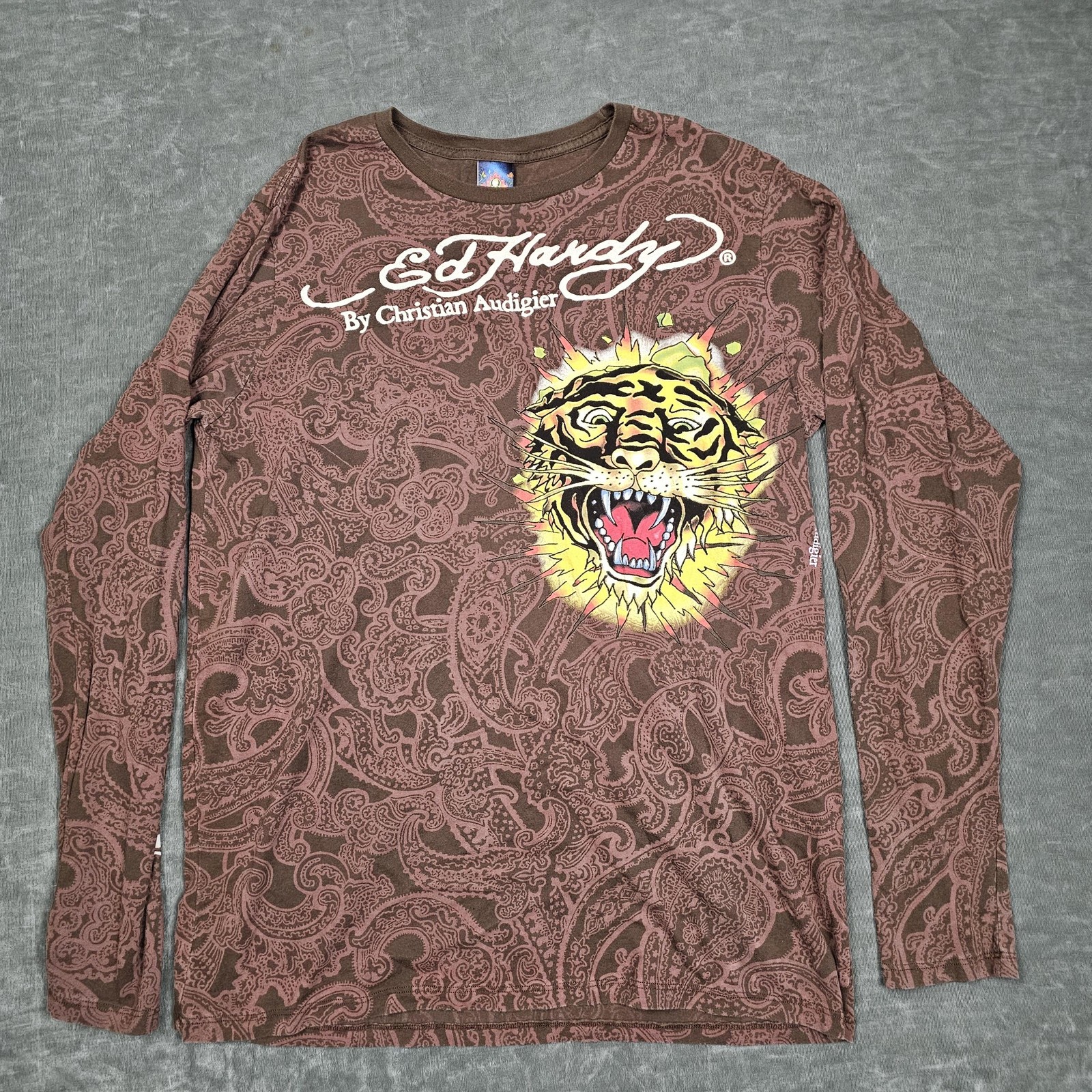 Ed Hardy Shirt Mens XL Brown Long Sleeve Tiger Skull Tattoo Graphic Tee Paisley gallery