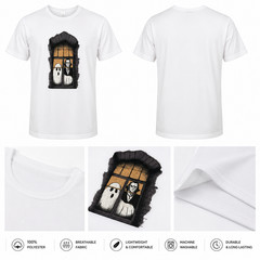 Halloween Ghost & Vampire Window T-Shirt Men’s Size S White Gothic Horror Tee