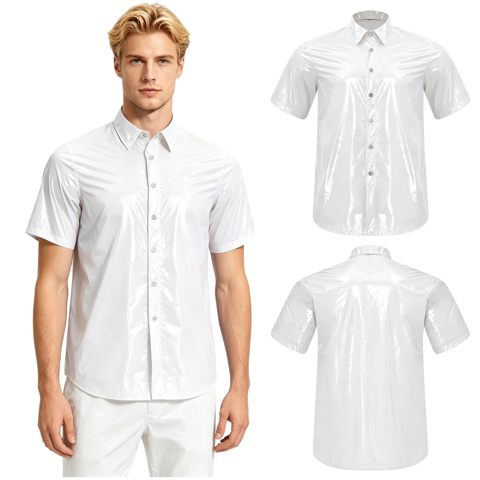 Men Wet Look  Shirt Top Short Sleeve Front Button Lapel T-shirt Blouse Clubwear gallery