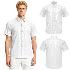 Men Wet Look  Shirt Top Short Sleeve Front Button Lapel T-shirt Blouse Clubwear