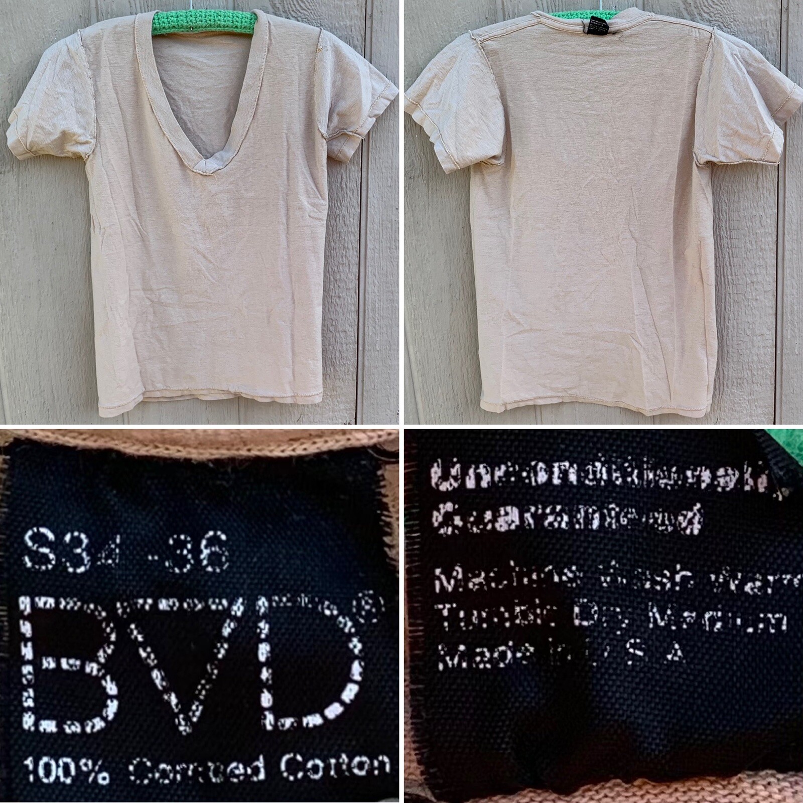 vintage v neck t-shirt beige single stitch BVD size S 34-36 made in USA gallery