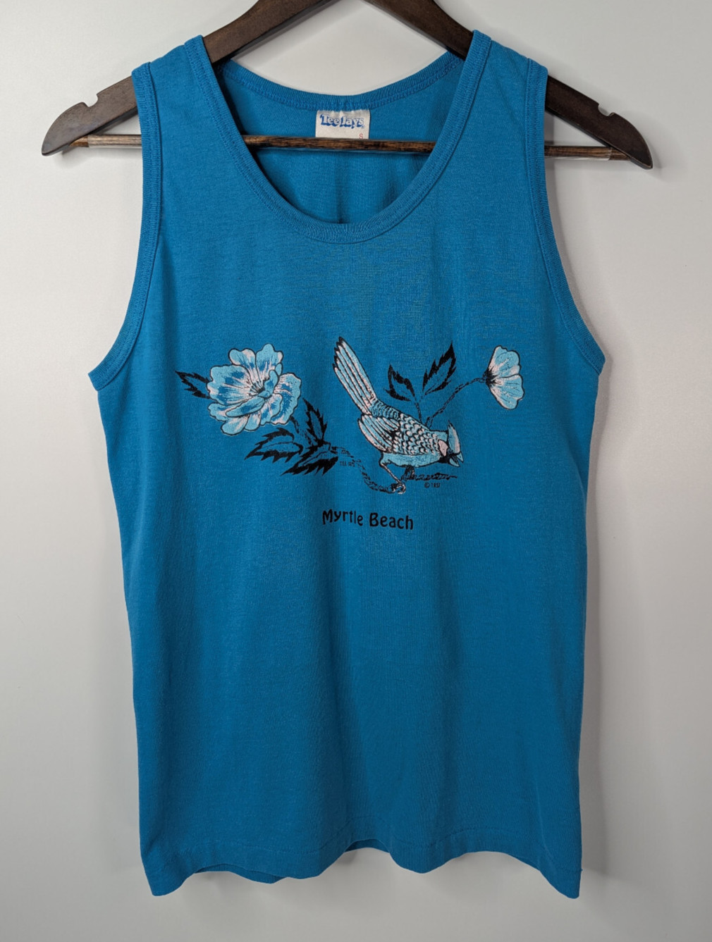 VTG Myrtle Beach Tank Top Shirt Blue Jay Bird Graphic Small TeeJays USA Made 90s gallery