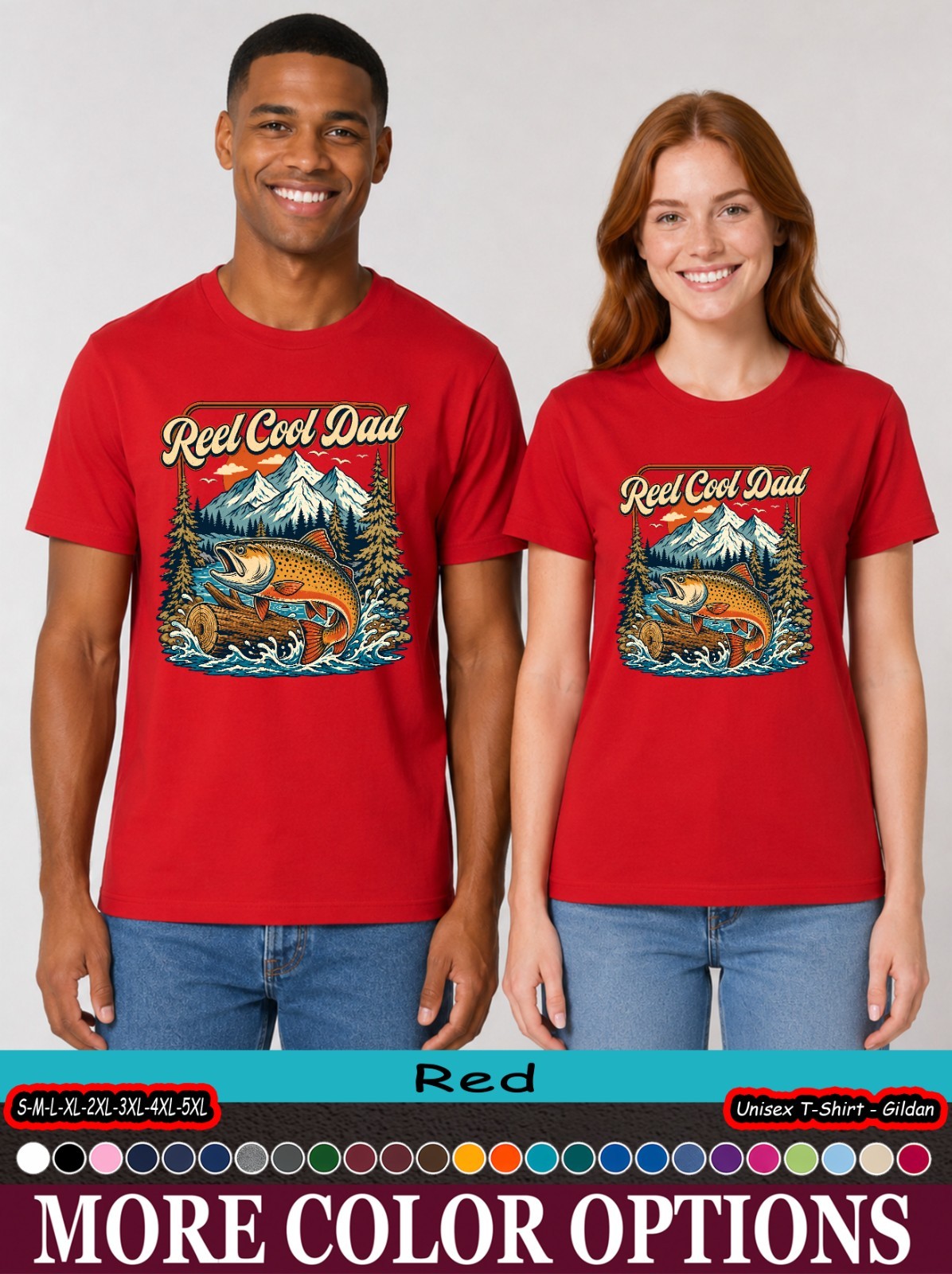 Reel Cool Dad Jumping Trout Fishing T-Shirt, Mountain Lake Gift gallery