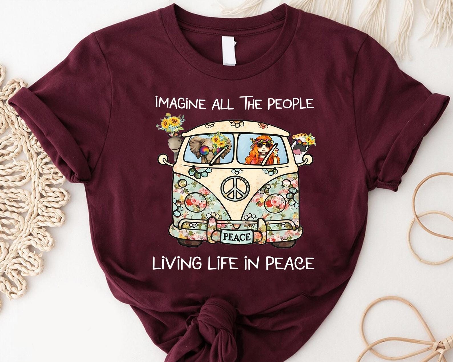 Imagine All The People Living Life In Peace Shirt Retro Hippie Flower Power gallery