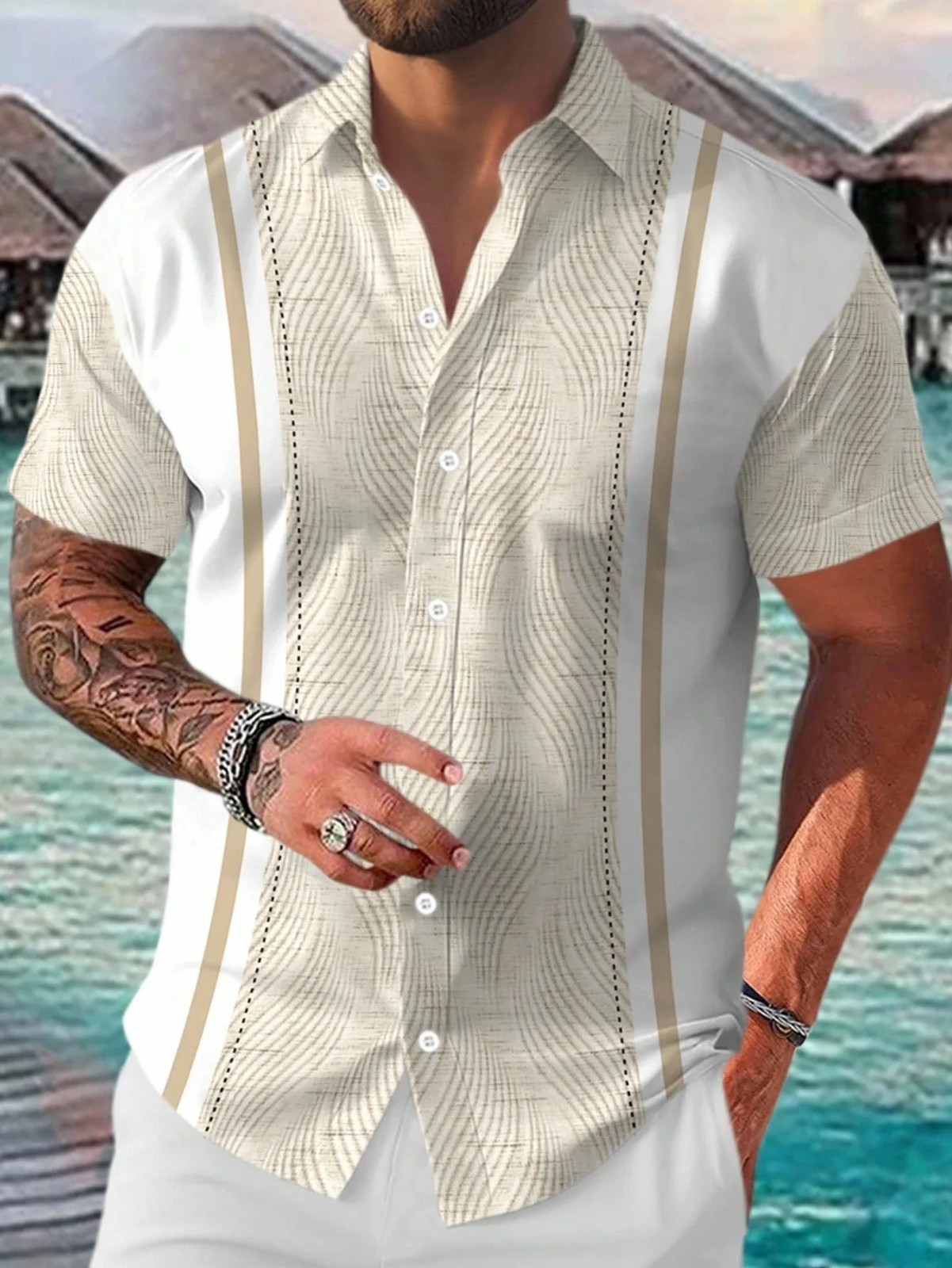 Men's Casual Short Sleeve Guayabera Cuban Beach Wedding Button-up Dress Shirt gallery