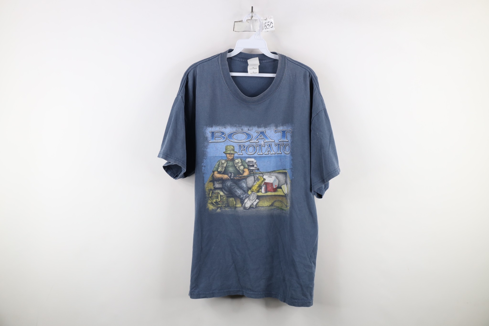 Vintage 90s Y2K Mens XL Distressed Boat Potato Fishing Fisherman T-Shirt Blue