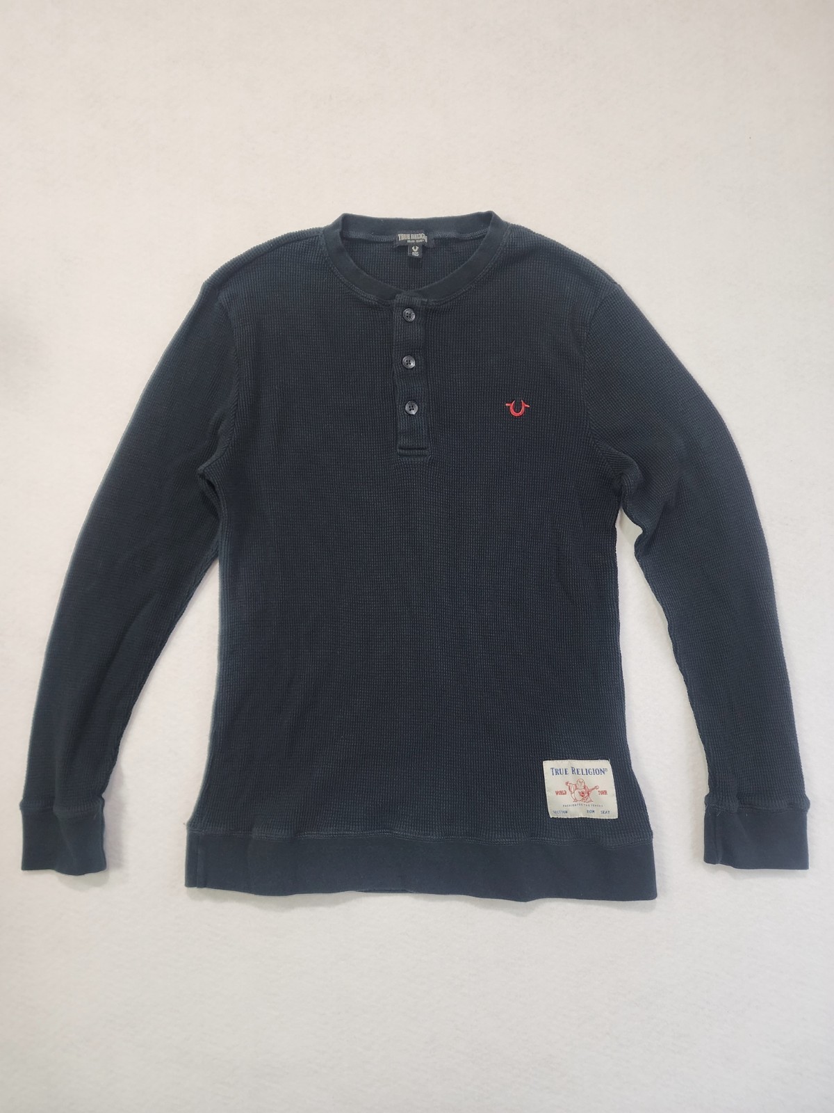 True Religion Thermal Shirt Mens M Black Horseshoe Logo Waffle Knit Henley Neck gallery