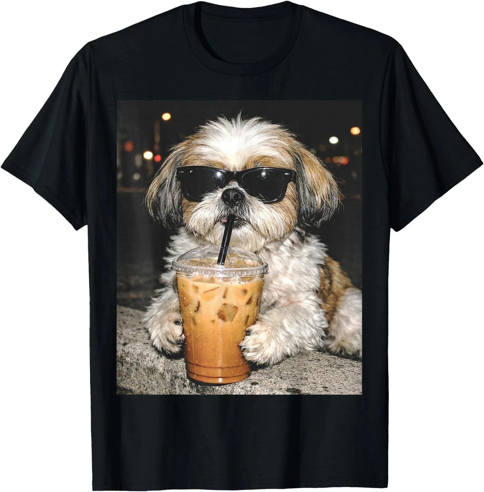 Funny Shih Tzu Drinking Iced Coffee T-Shirt Cute Dog Meme Unisex Tee gallery